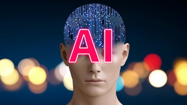 Futuristic humanoid head with digital circuitry and glowing AI text, showcasing the evolution of artificial intelligence, as the camera zooms in to emphasize the intricate details and vibrant colors