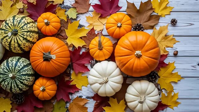 Autumn array Pumpkins, gourds, and colorful fall leaves on weathered white wood surface