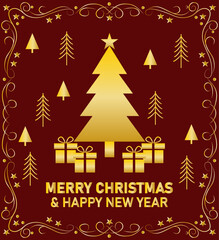 Obraz premium Felicitación de navidad y año nuevo roja con árbol de navidad dorada