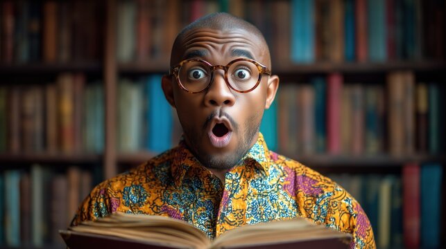 Astonished reader in glasses looking at a book &mdash; library/study reaction