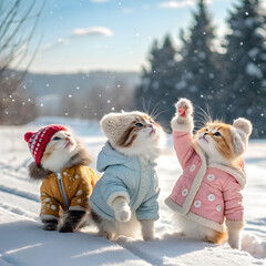 Three adorable kittens wearing tiny winter coats and hats, sitting together, fluffy fur