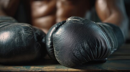 Close-up of black boxing gloves prepped for match — athlete readiness