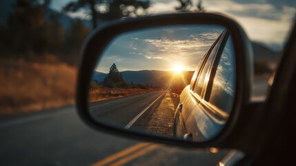 Golden sunlight casts a warm glow on a winding road as seen through the side mirror during early evening