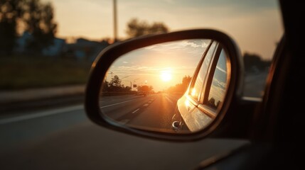 Golden sunset reflected in a car side mirror during a calm evening drive on a peaceful road