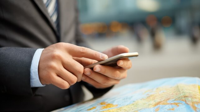 Business professional using smartphone to navigate a map in a busy urban setting during daylight hours