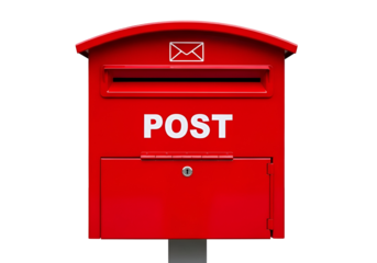 Vibrant Red Post Box with 'POST' text and envelope icon, a classic symbol of communication and delivery, presented clearly isolated on transparent background for easy use.