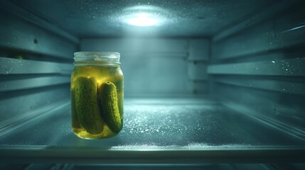 A single jar of pickles in an empty refrigerator under cold light, symbolizing food scarcity, poverty, hunger, and lack of basic nutrition. Concept of minimal resources and survival