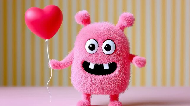 Colorful fluffy character with large eyes and a big smile, holding a heart-shaped balloon, showcasing a joyful expression, camera zooms in to emphasize the character's playful demeanor and vibrant col