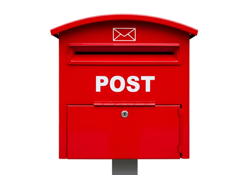 Vibrant Red Post Box with 'POST' text and envelope icon, a classic symbol of communication and delivery, presented clearly isolated on transparent background for easy use. - Powered by Adobe