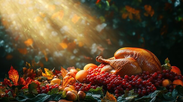 Golden roasted turkey surrounded by grapes, apples, and autumn leaves under warm sunlight. Festive Thanksgiving symbol of harvest and gratitude