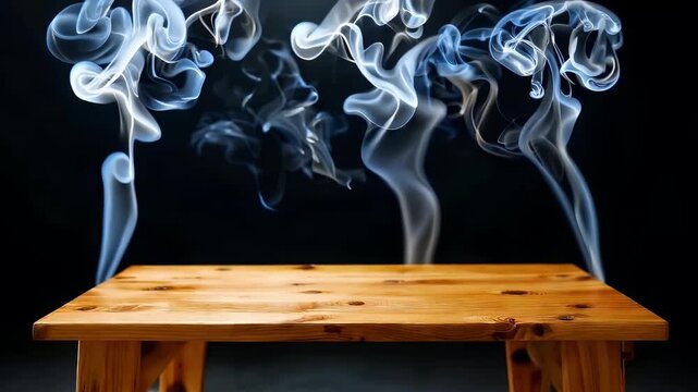 Dynamic plumes of luminous white and light blue smoke gracefully swirl and rise against a stark, dark background, creating an ethereal and mysterious atmosphere. In the foreground, a smooth, empty woo
