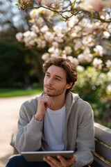 Obraz premium Young caucasian male contemplating with tablet in park during springtime