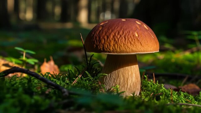 Mushroom in dappled sunlight on green mossy ground