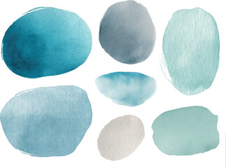 Winter watercolor vector clipart set, frosty blue abstract stains, cold minimal brush textures isolated on white