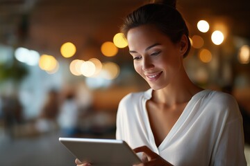 Young caucasian female using tablet in warm ambient lighting