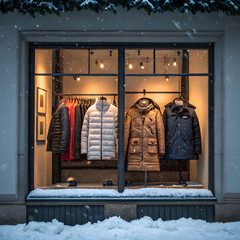 Winter coats and jackets displayed in a snowy shop window