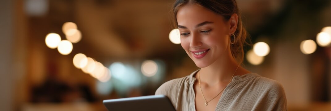 Smiling young caucasian female using tablet in cozy ambient lighting