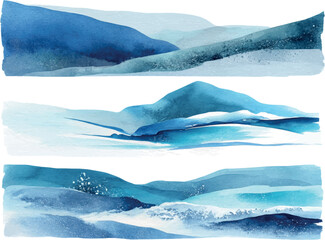 Winter Mountain Landscape Watercolor Vector Set
