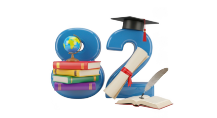 Blue Number 82 with Graduation Cap Stacked Books Globe and Quill Pen on Background education isolated on a transparent background