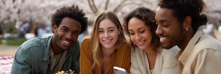 Diverse group of young adults enjoying outdoor picnic and taking selfies