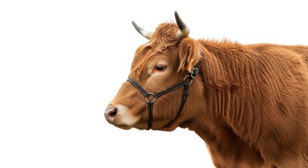 A Beautiful Brown Cow Wearing a Halter Standing Calmly, Representing the Grace and Importance of Cattle in Agriculture and Rural Life