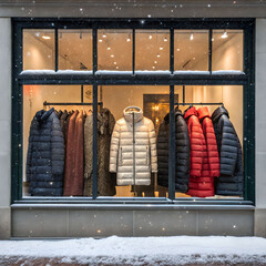 Winter coats and jackets displayed in a snowy shop window