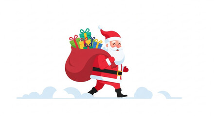 Santa Claus walking with a bag of gifts in winter scene  