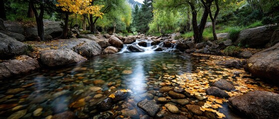 Crystal-clear creek flows through autumnal forest