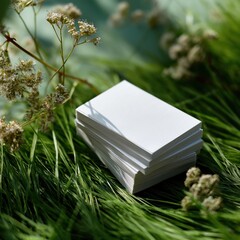 Blank business cards on lush green grass with delicate flowers