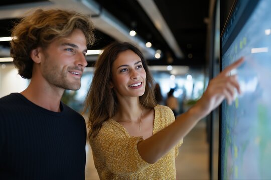 Young caucasian adults engaging with interactive display in modern office
