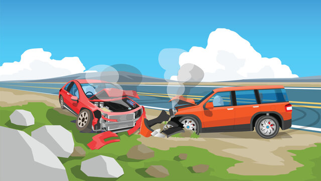 Two car crashes head on into each other. Car spun out onto the side of the asphalt road. Fronts of both cars were severely damaged and the fronts were completely destroyed. Emergency safety bag.