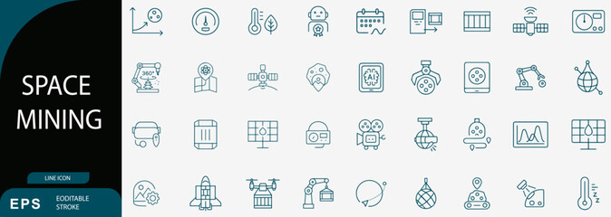Future Space Mining and Asteroid Resource Exploration Technology Line Icon Set