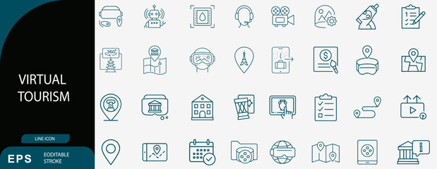 Virtual Tourism and Digital Travel Experience Technology Line Icon Set