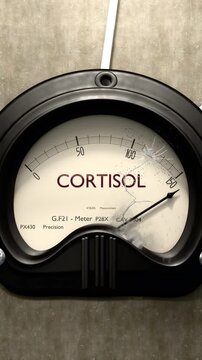 Cortisol meter showing big levels of cortisol. Dangerously increasing values of cortisol, critical overload. Too much, off the charts. Max cortisol