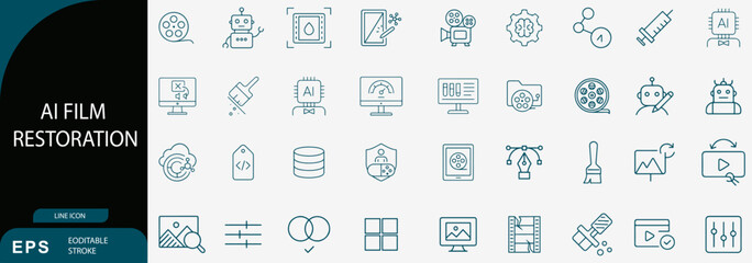 AI Film Restoration and Digital Archiving Technology Line Icon Set