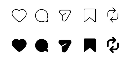 Like, Repost, comment share save vector icon set. Site navigation symbol. Social media web linear sign	