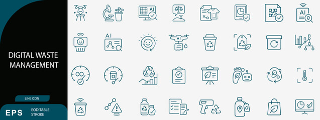 Digital Waste Management and Smart Recycling Technology Line Icon Set