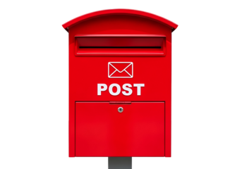 Vibrant Red Post Box with 'POST' text and envelope icon, a classic symbol of communication and delivery, presented clearly isolated on transparent background for easy use.