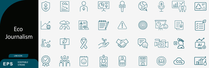 Eco Journalism and Environmental Reporting Media Communication Line Icon Set