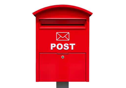Vibrant Red Post Box with 'POST' text and envelope icon, a classic symbol of communication and delivery, presented clearly isolated on transparent background for easy use.