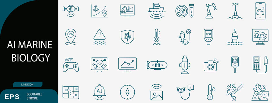 AI Marine Biology and Underwater Ocean Research Technology Line Icon Set