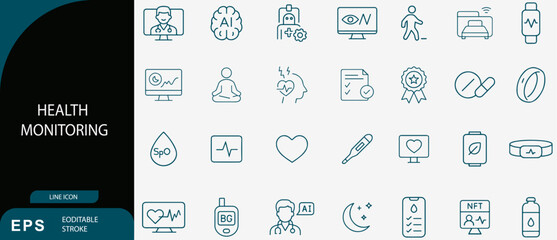 Digital Health Monitoring and AI Medical Fitness Technology Line Icon Set