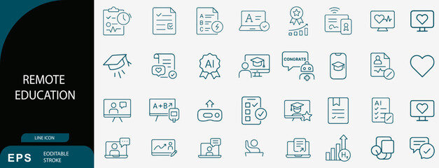 Remote Education and E-Learning Digital University Technology Line Icon Set