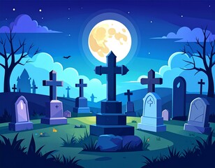Cemetery at night with full moon, vector graveyard with tombstones and cracked stone