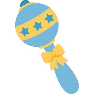 Light Blue Baby Rattle With Yellow Band Stars And Bow On Transparent Background