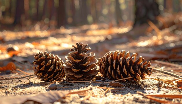 Three pinecones resting on the forest floor in warm dappled sunlight with fallen autumn leaves scattered around a natural outdoor setting