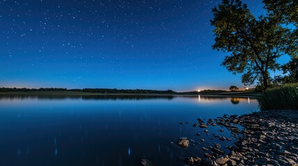 A serene night scene with a calm lake, a tree, and a starry sky, with a faint moonlight illuminating the water's surface.