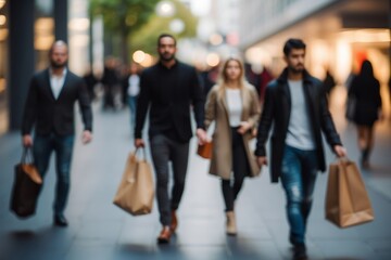 Fototapeta premium Blurred people walking in modern city, blurred shoppers with shopping bags
