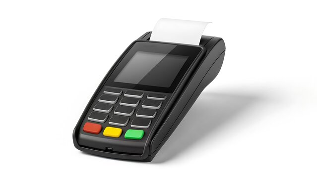 Electronic payment terminal with receipt on white background
