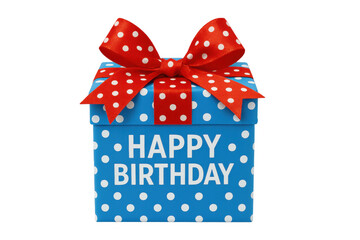 Blue happy birthday gift box with white polka dots and red ribbon bow, celebrating special occasions